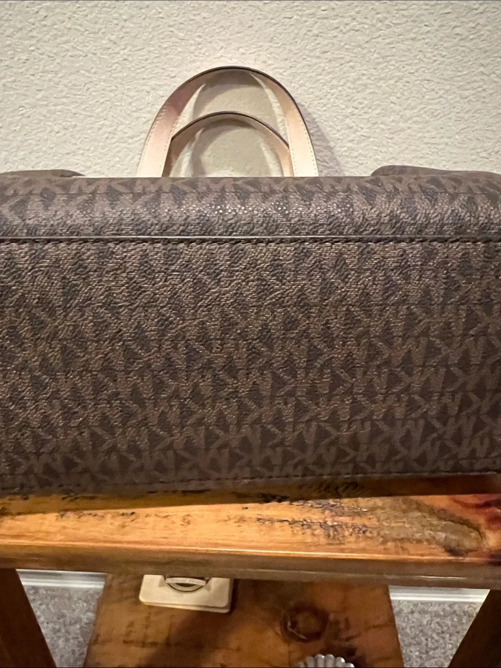 Michael Kors Emilia Small Satchel with Light Beige Trim & Gold Accents
